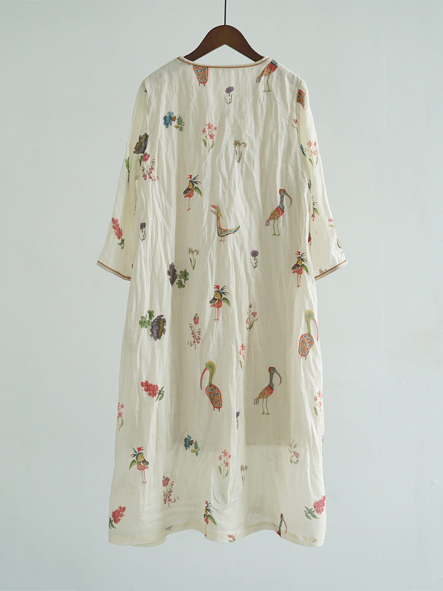 Women Summer Artsy Flower  V-Neck 100%Ramie Dress