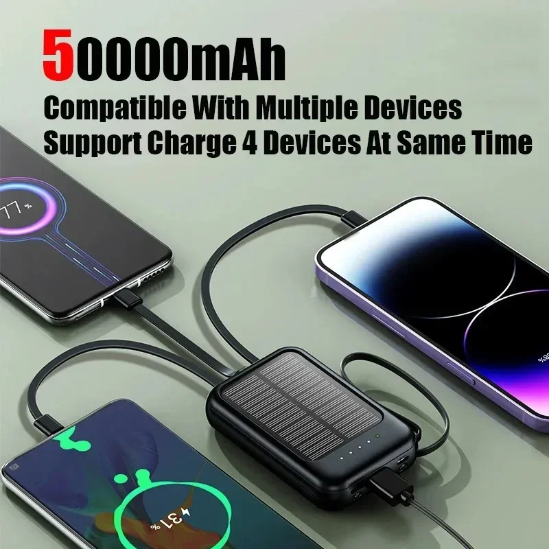 50000mAh Solar Power Bank Built Cables Fast Charger 2 USB Ports External Charger Power Bank  LED Light For Iphone Xiaomi Samsung