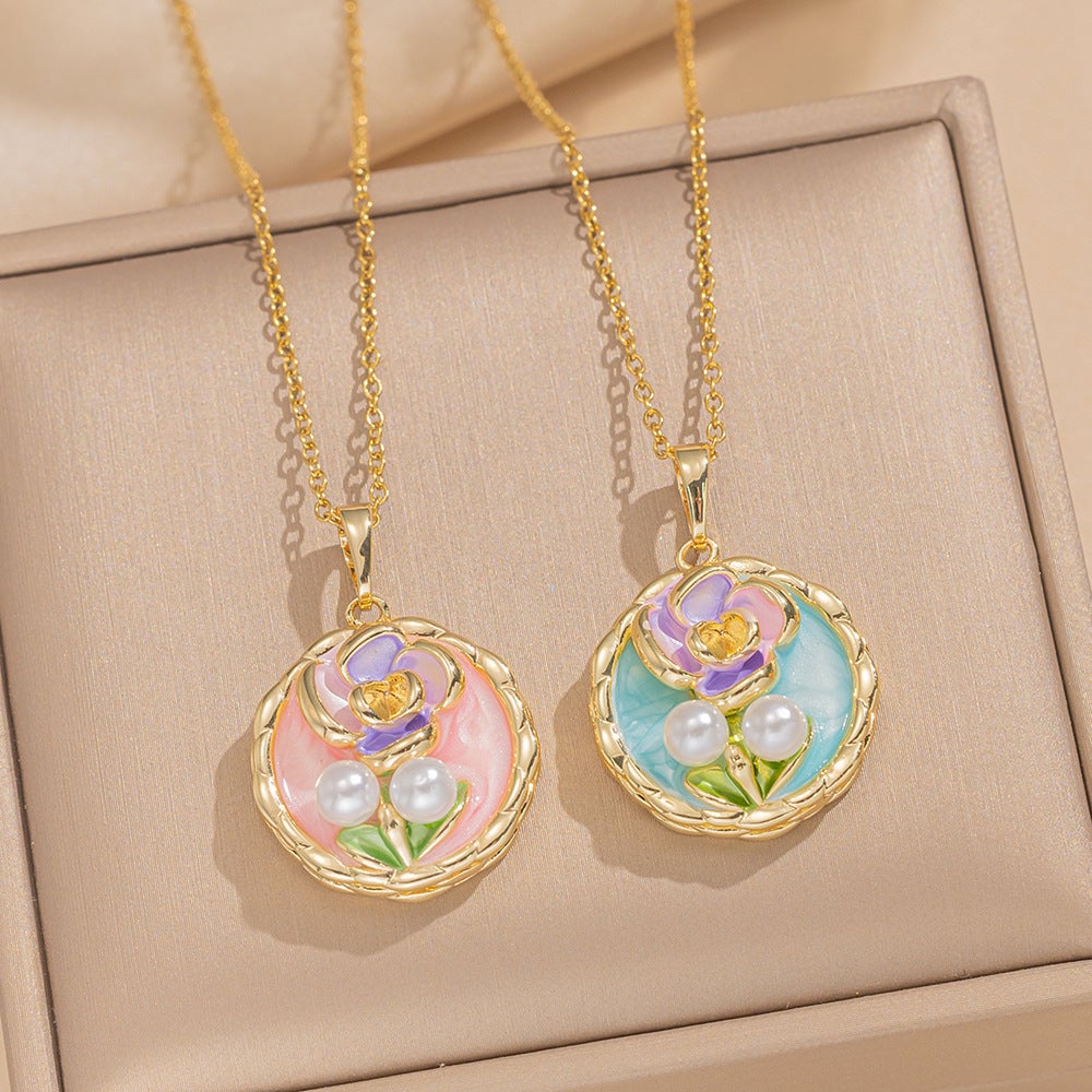 Retro Oil Drop Baroque Freshwater Pearl Enamel High-Grade Painted Flower Pendant Necklace