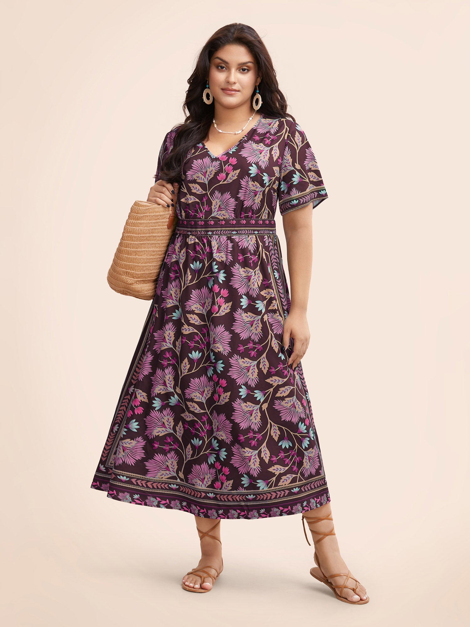 Boho Print Shirred Pocket Midi Dress