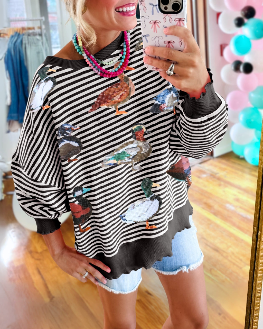 Cute Duck Sequin Stripe Sweatshirt