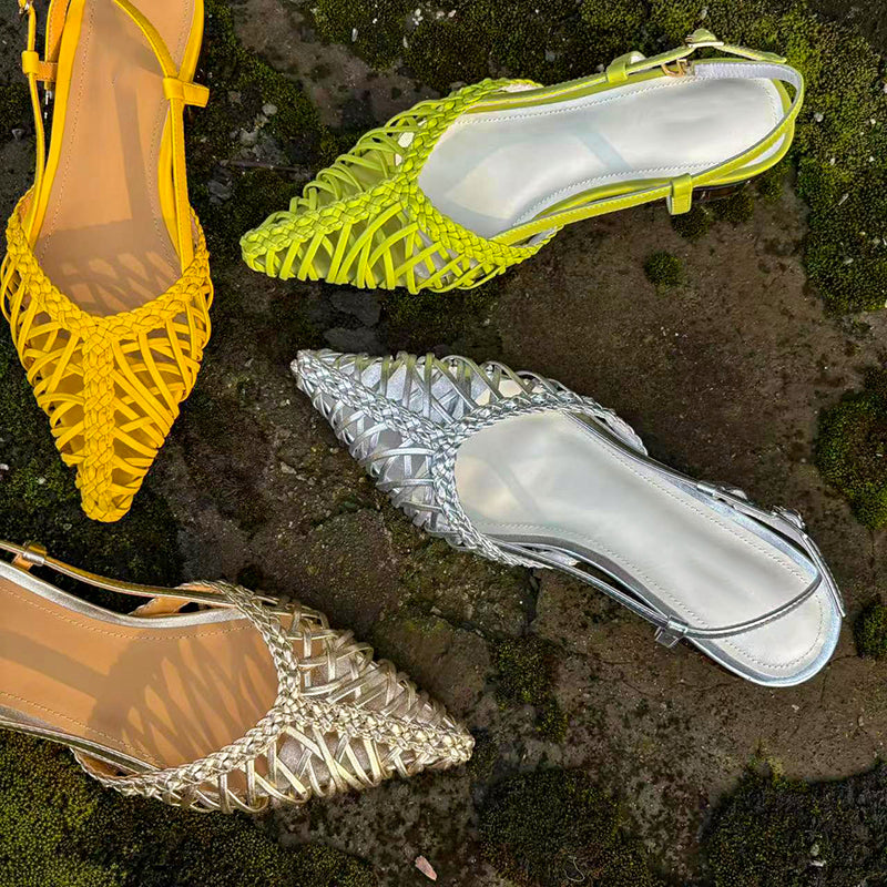 Fashion Woven Pointed Toe Slingback Sandals Breathable Summer Flats in Golden/Silver/Yellow/Light Green