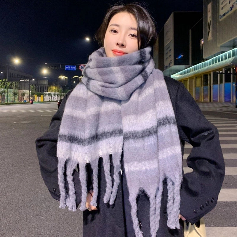 Plaid Scarf Women's Winter High-grade Gradient Mohair Thickened Warm Scarf New Cashmere-like Shawl