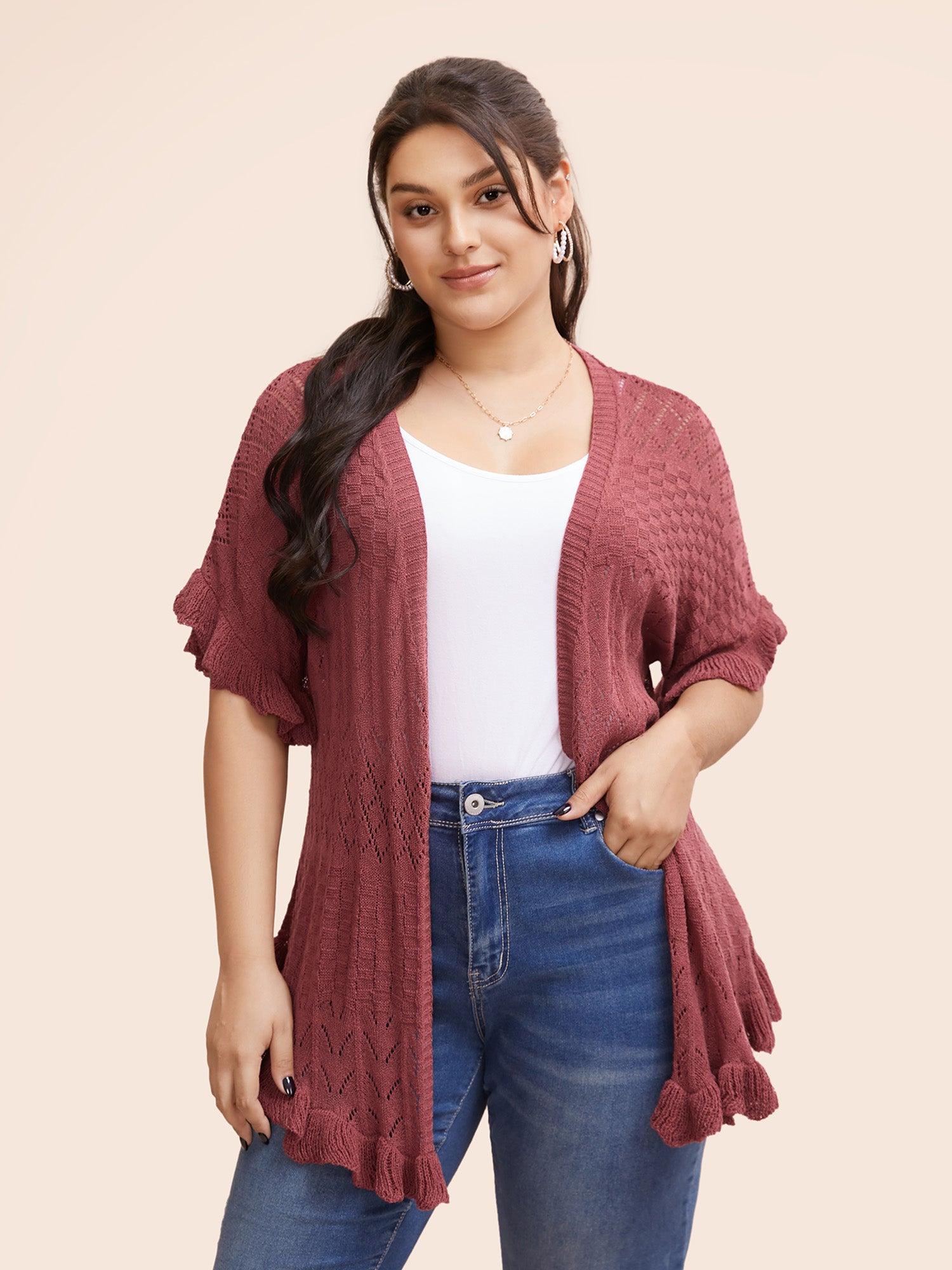 Plain Ruffles Pointelle Knit Cardigan