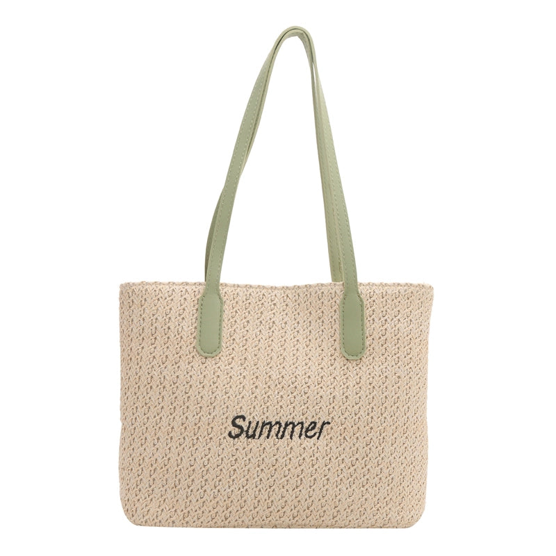 Women's Medium Straw Letter Vacation Beach Weave Zipper Straw Bag