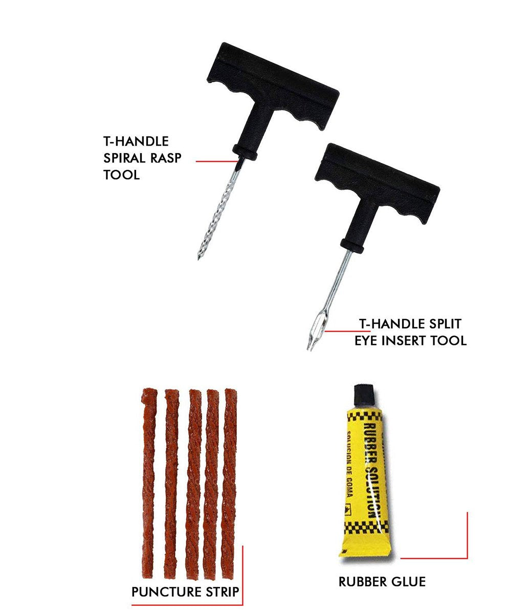 Puncture Repair Kit Tubeless Tyre Full Set with Nose Pliers. Rubber Cement and Extra Strips for Cars. Bikes