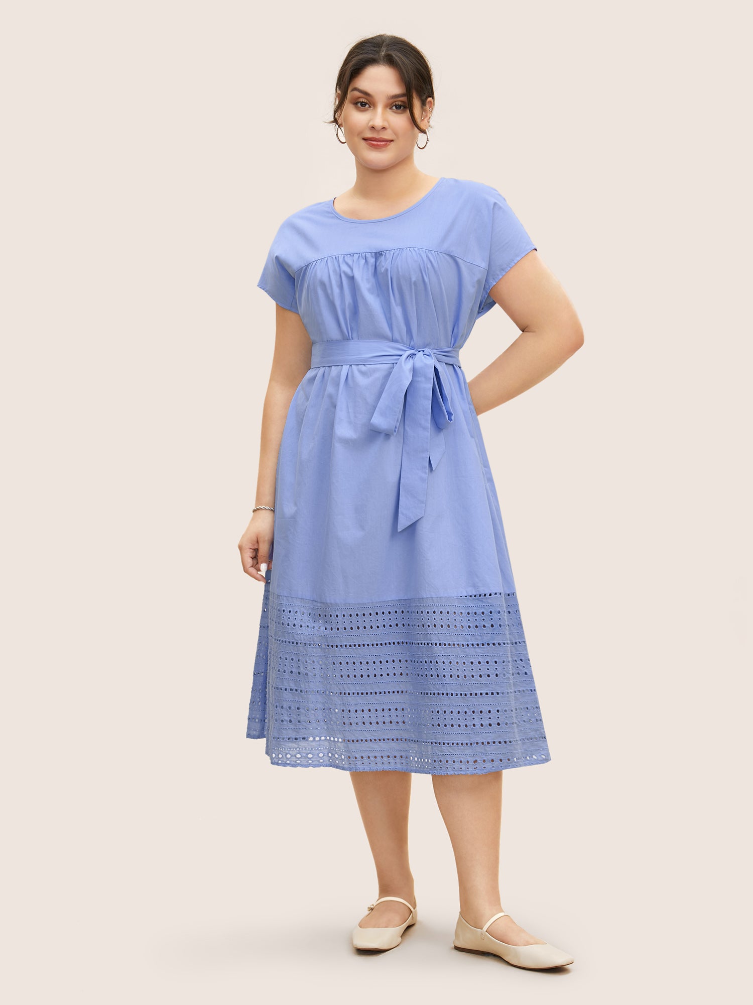 Solid Dolman Sleeve Broderie Anglaise Belted Dress