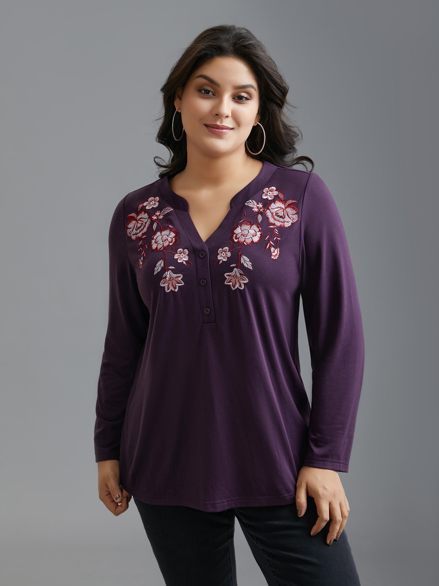 Notched Floral Embroidered  Button Top