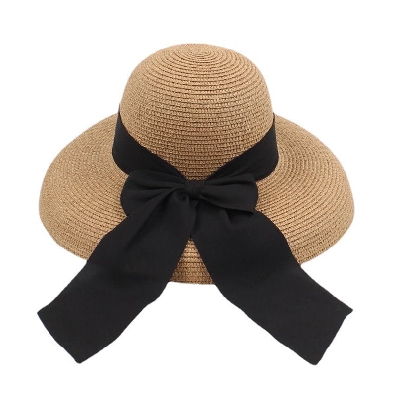 Women's Classical Retro Pastoral Solid Color Bowknot Big Eaves Straw Hat