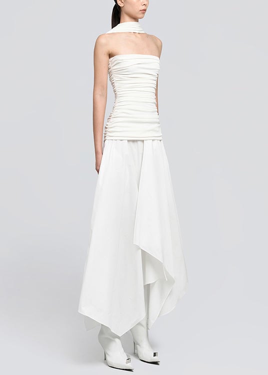 White Wrinkled Cotton Long Dresses Asymmetrical Summer