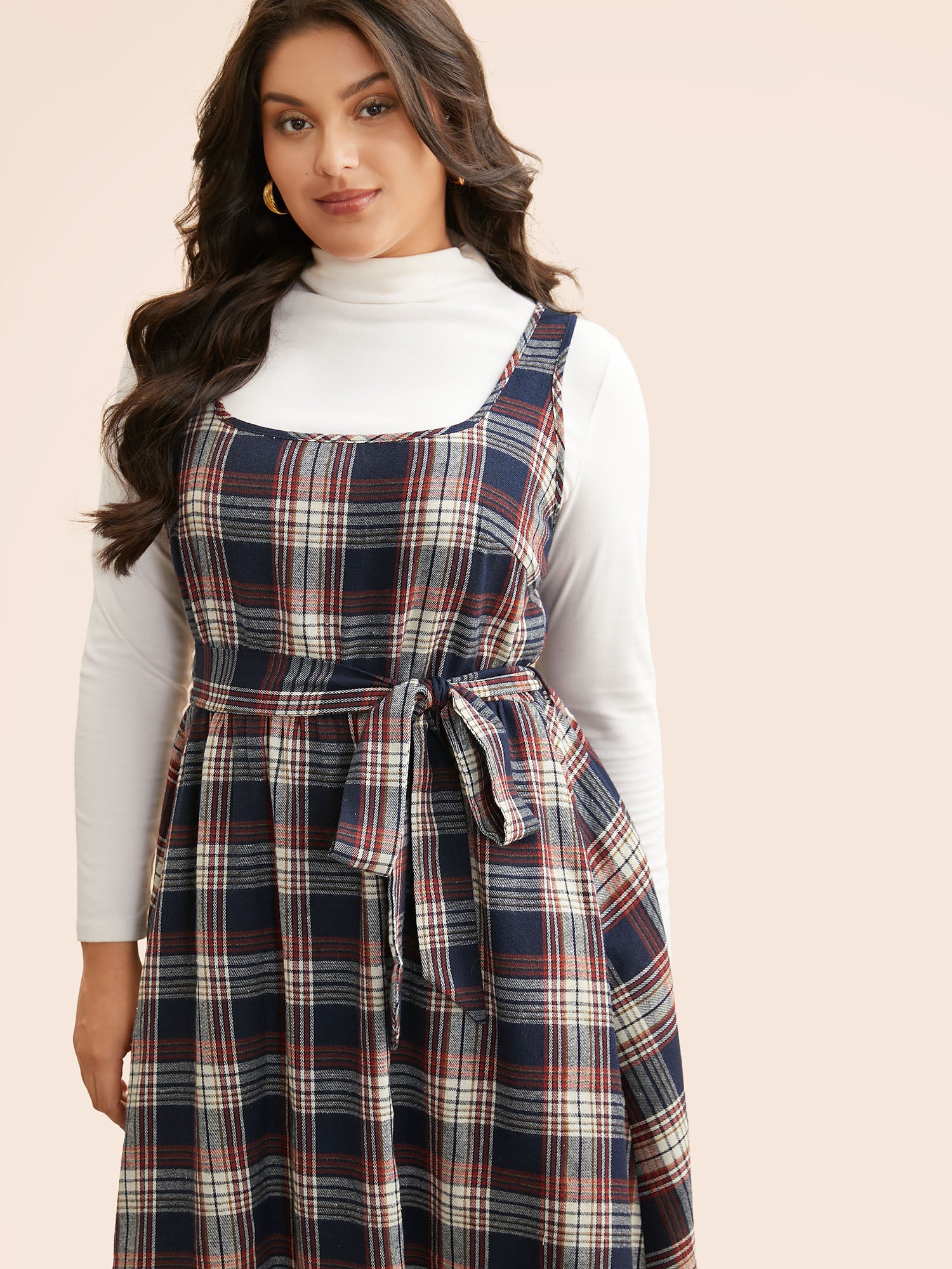 Square Neck Plaid Belted Dress