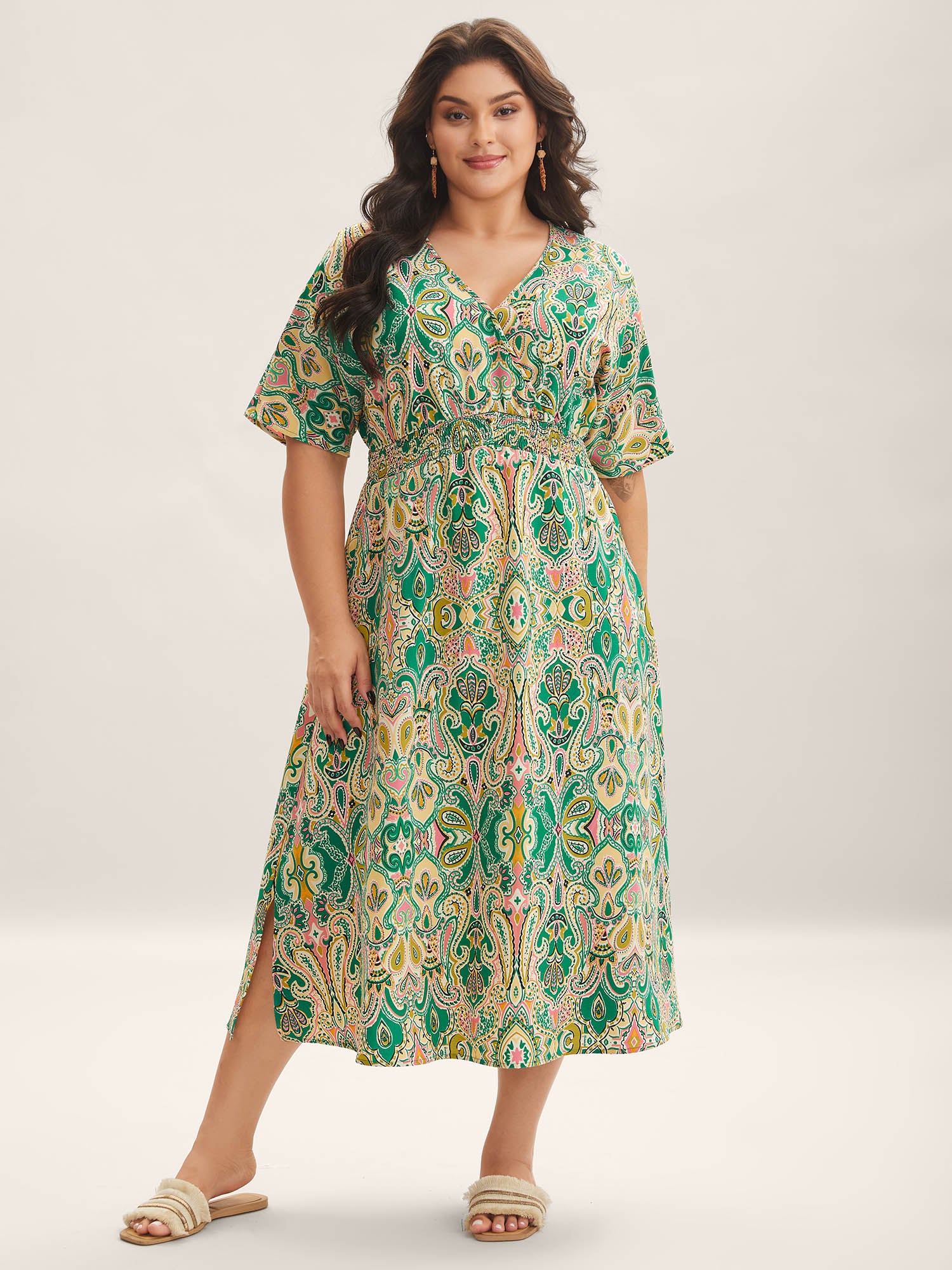 Paisley Print Shirred Pockets Midi Dress
