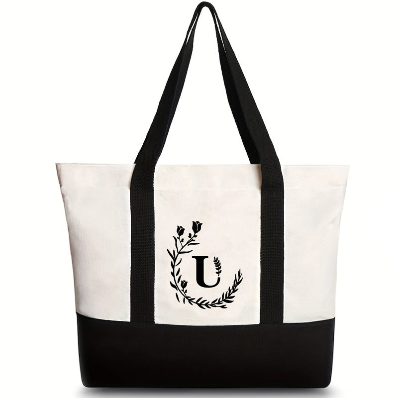 Women's Medium Canvas Letter Flower Classic Style Square Zipper Shoulder Bag