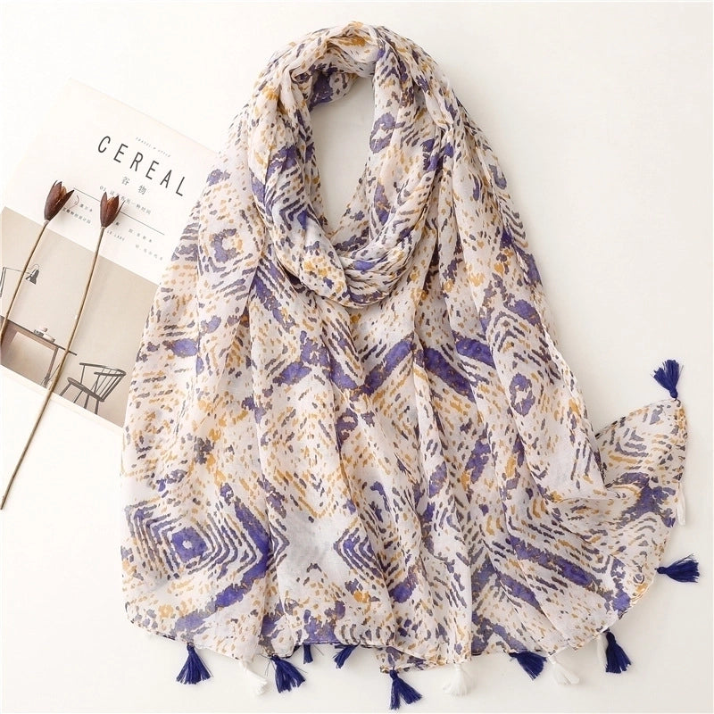 Yarn Cotton Fruit Green Bright Yellow Leaf Printing Tassel Scarf Shawl