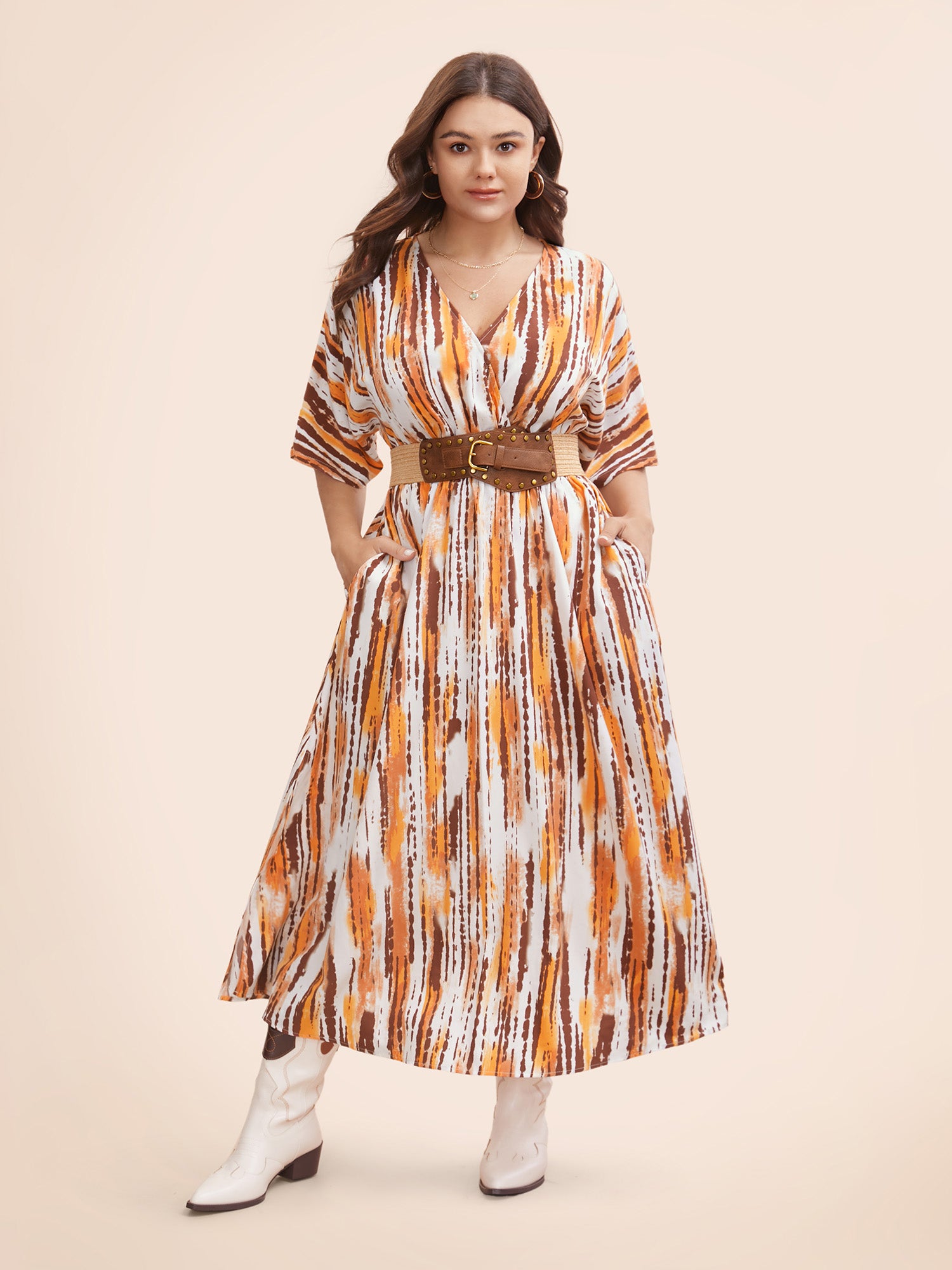 Striped Overlap Collar Shirred Maxi Dress