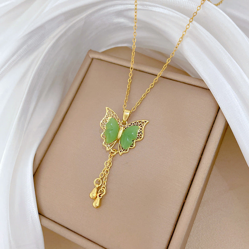 Green Butterfly Tassel Gorgeous Full Diamond Necklace Women'S All-Match Clavicle Chain Titanium Steel Chain