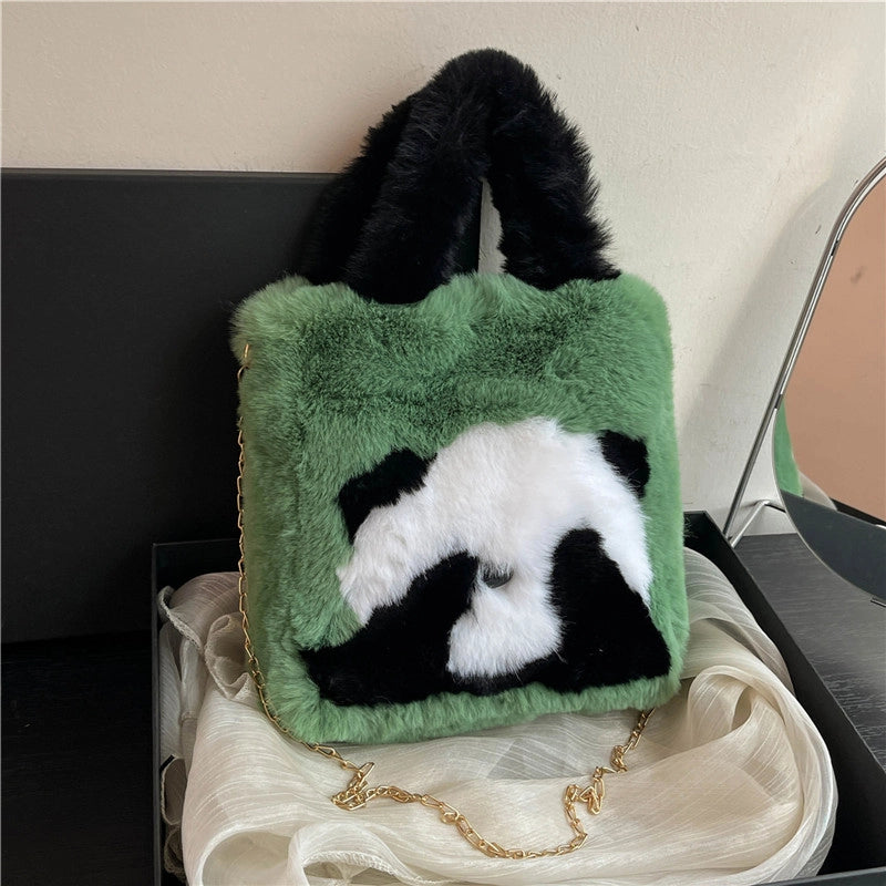 Women's Plush Animal Color Block Cute Streetwear Square Zipper Shoulder Bag Crossbody Bag