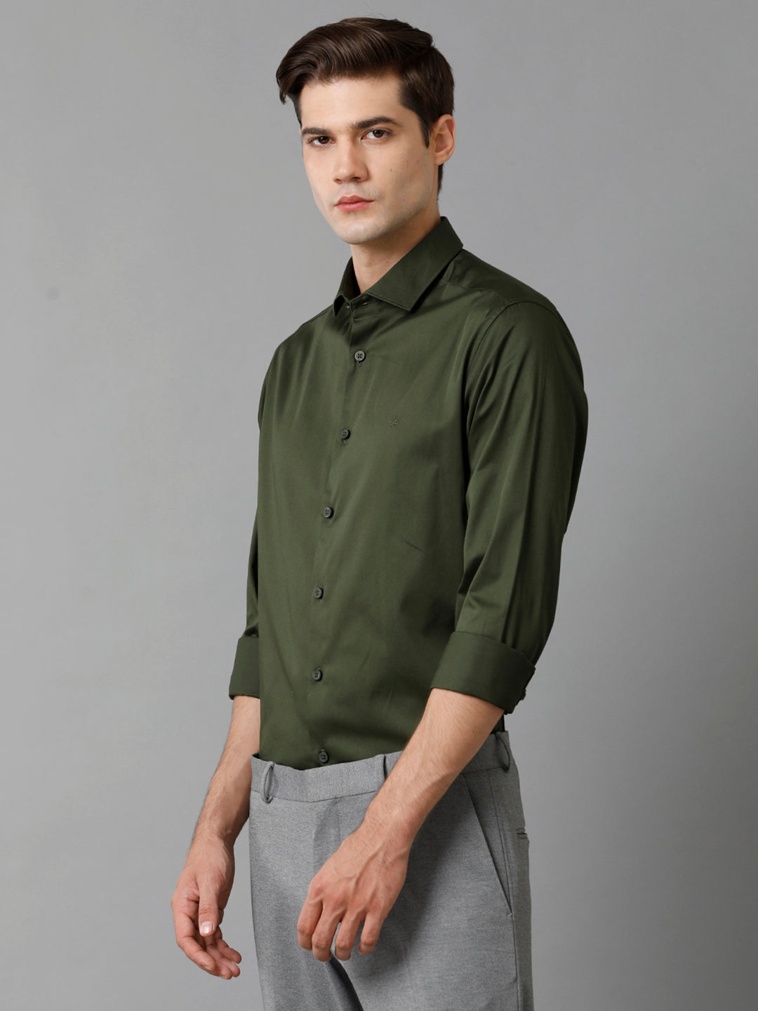 Mens Regular Fit Solid Olive Green Formal Satin Shirt (SAUOL)