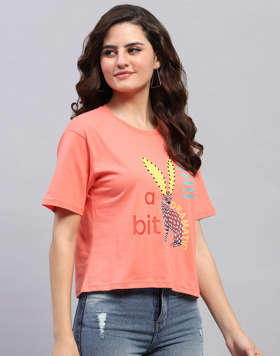 Women Coral Printed Round Neck Half Sleeve Top