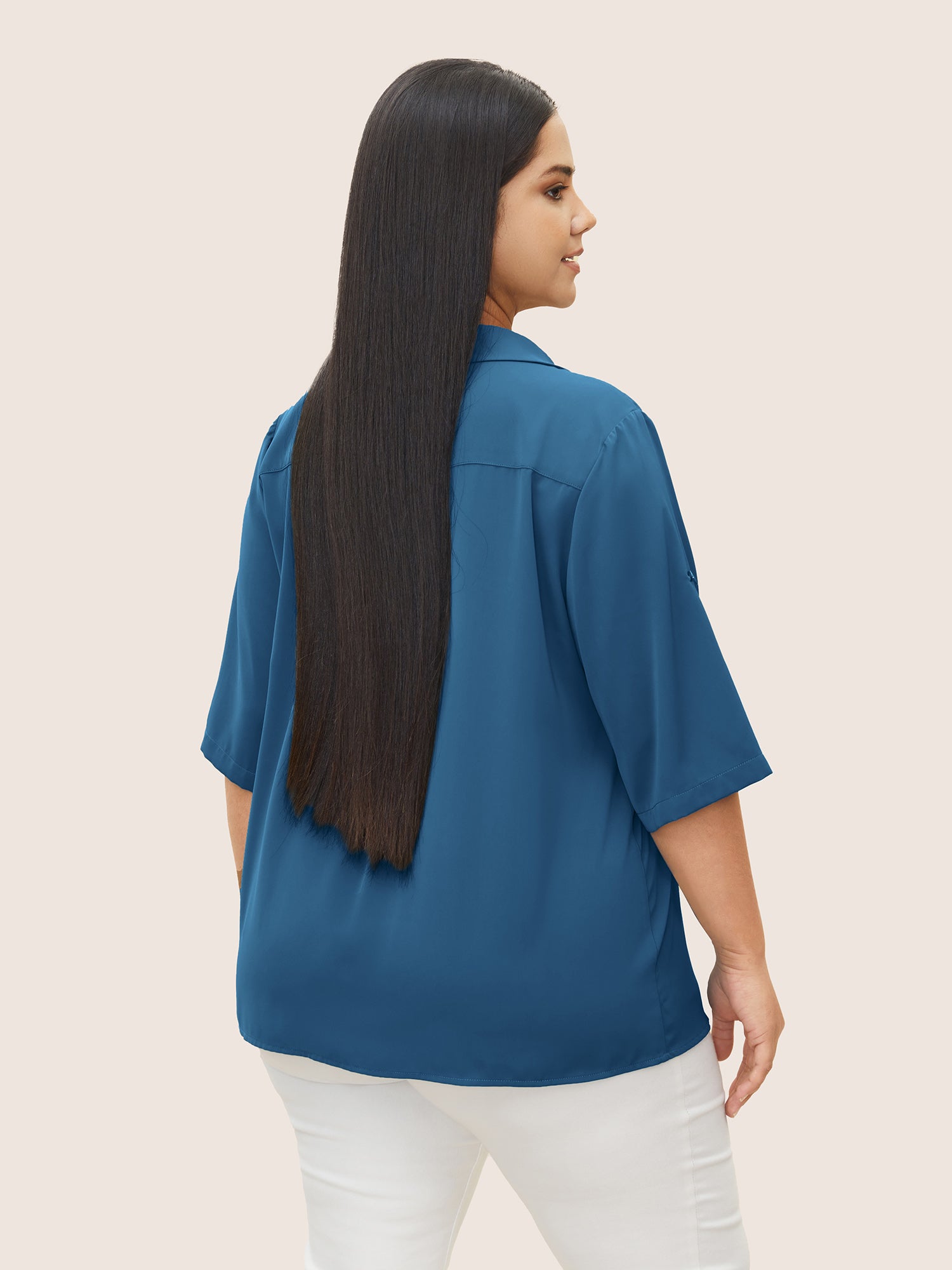 Anti-Wrinkle Shirt Collar Patched Pocket Tab Sleeve Blouse