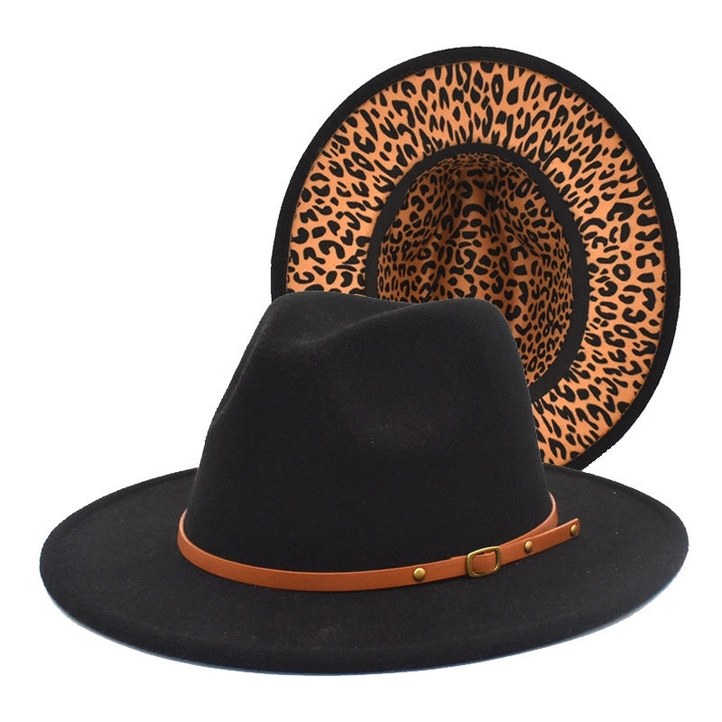Hot Sale New Leopard Print Color Matching Top Hat Autumn And Winter Jazz Felt Hat Double-sided Personality Belt Top Hat Trend