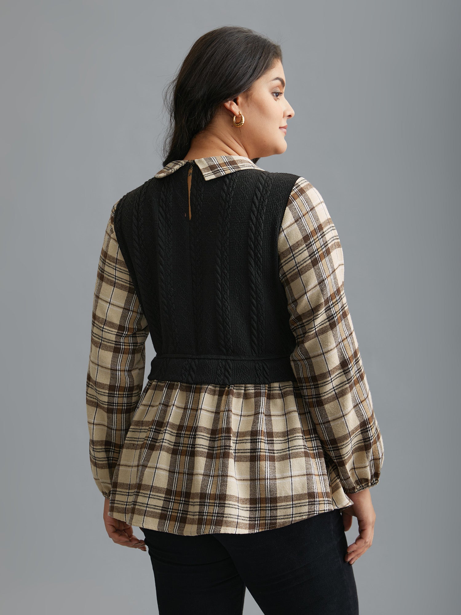 Plaid Patchwork Texture Lantern Sleeve Blouse