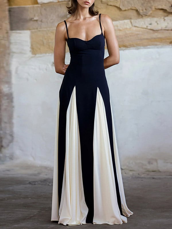 A-Line Sleeveless Contrast Color Pleated Split-Joint Spaghetti-Neck Evening Dresses Maxi Dresses