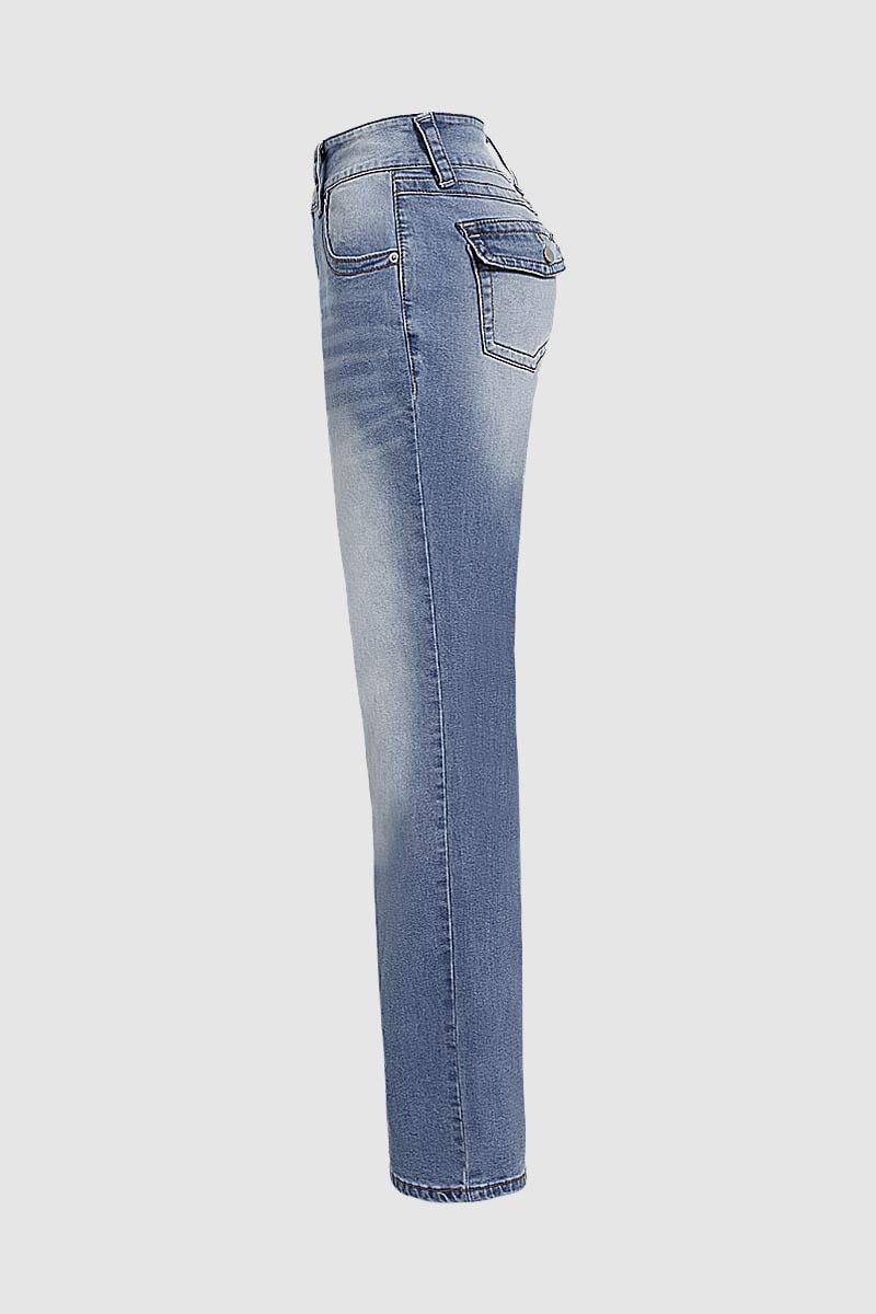 Final Sale!!⚡6 Packs for $24.86⚡ - Wash Double Button Flap Pocket Mid Waist Straight Leg Jeans