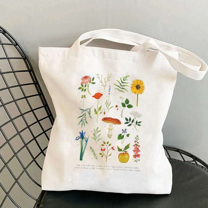 Women's Canvas Printing Letter Mushroom Cute Basic Square Open Canvas Bag