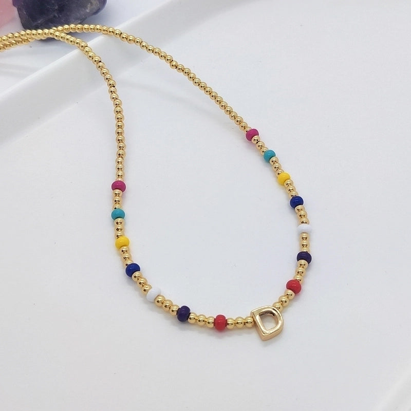 Ig Style Minimalist Letter Glass Copper Beaded Knitting Plating 18k Gold Plated Necklace