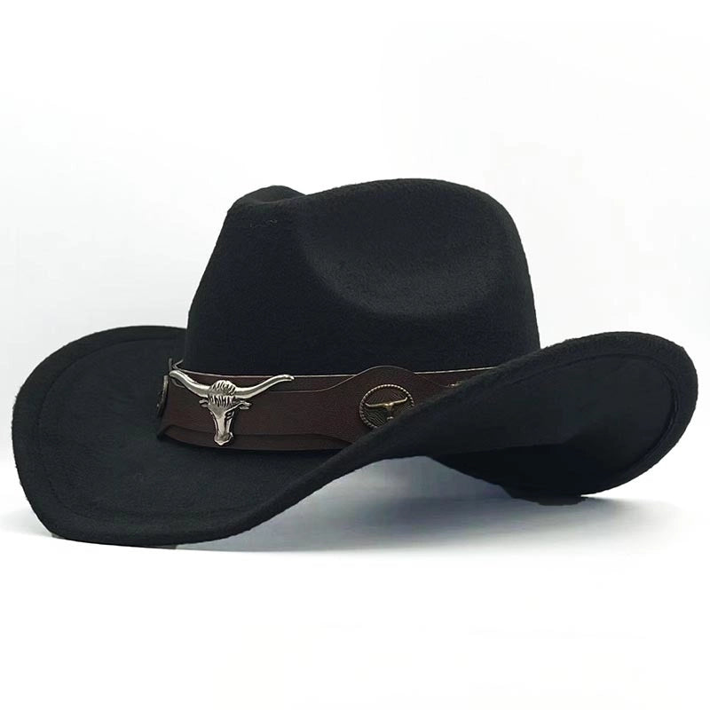 Top Hat Ethnic Style Cow Label Western Cowboy Top Hat Roll-brim Retro Riding Hat Woolen Felt Hat