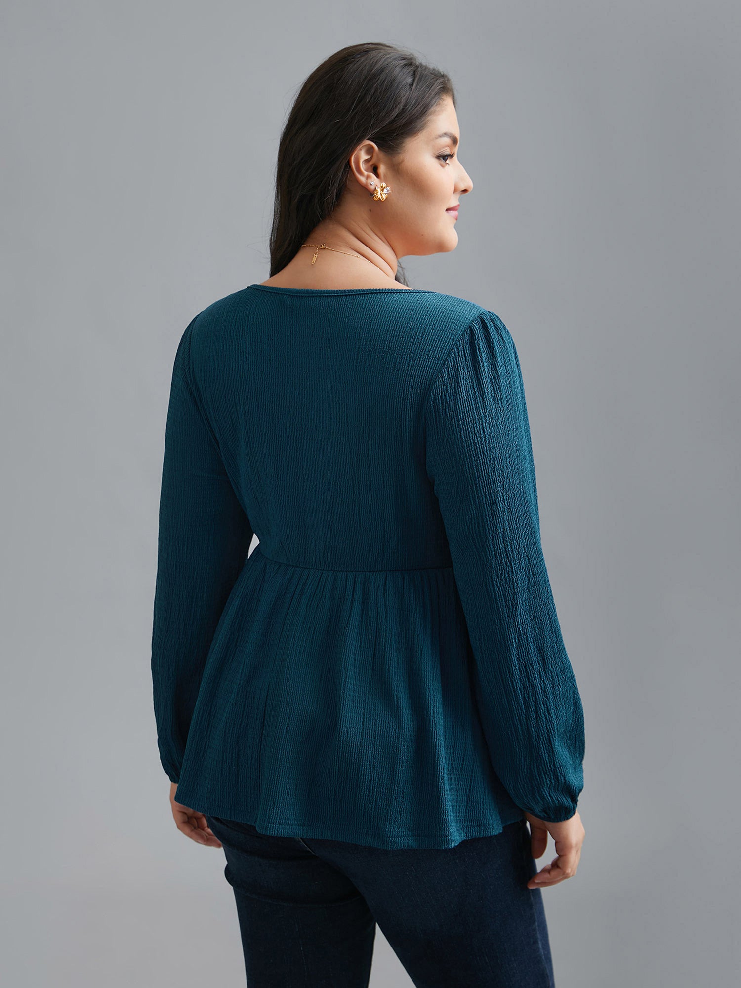 Heart Neckline Solid Gathered Blouse