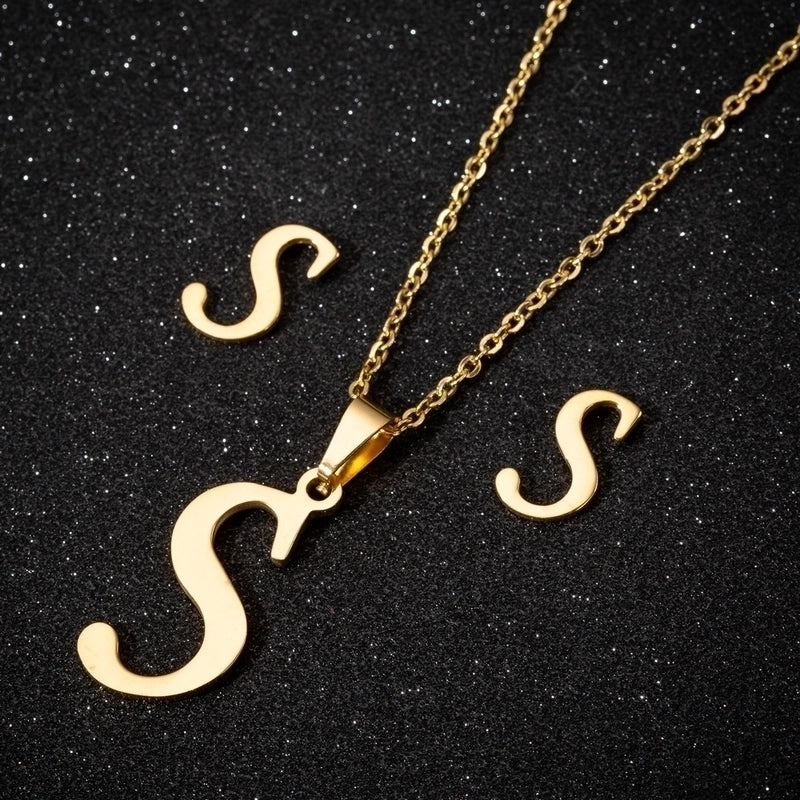 Women's Fashion Minimalist Letter Stainless Steel Pendant Necklace Ear Studs Plating Jewelry Sets
