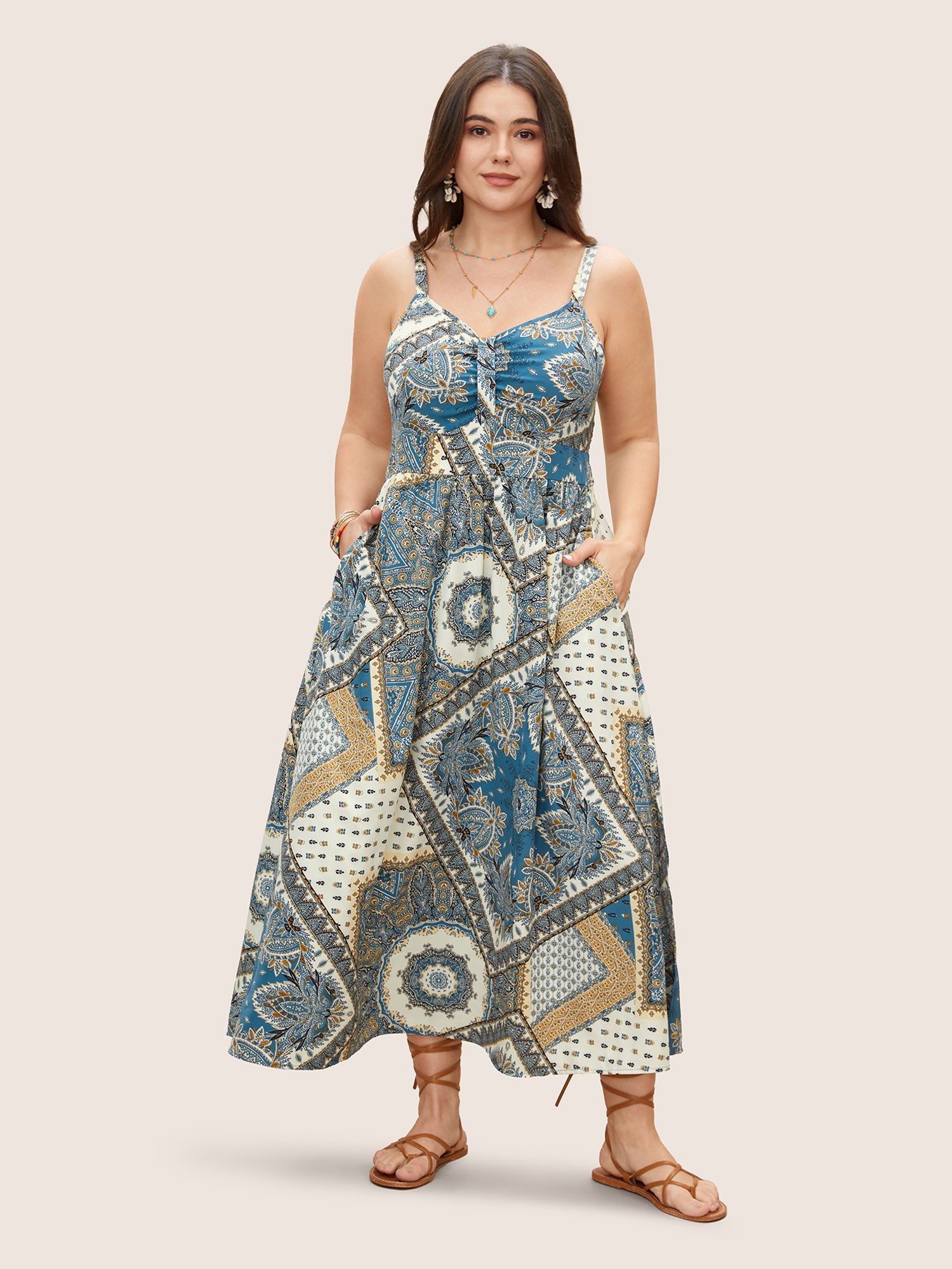 Bandana Print Ruched Split Hem Cami Dress