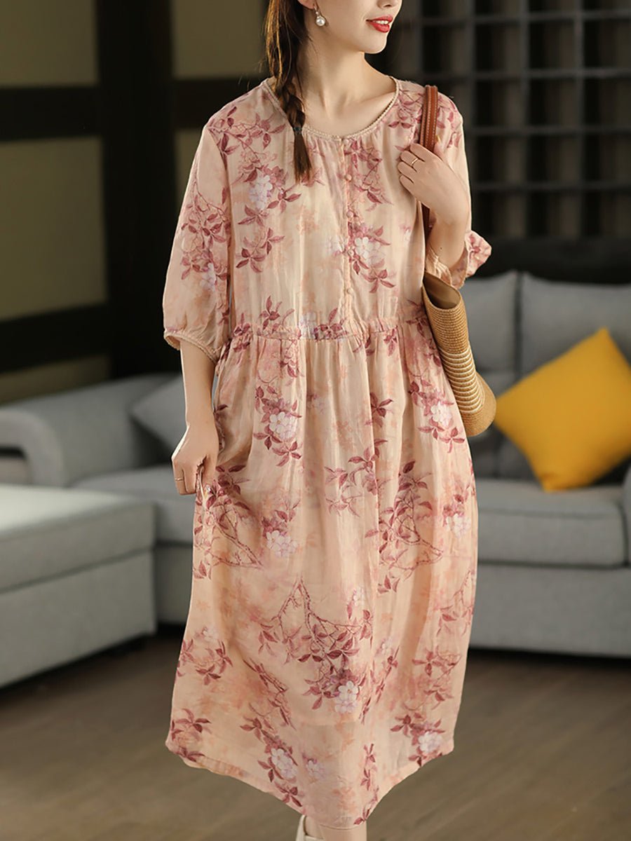 Women Summer Artsy Flower O-Neck 100%Ramie Dress