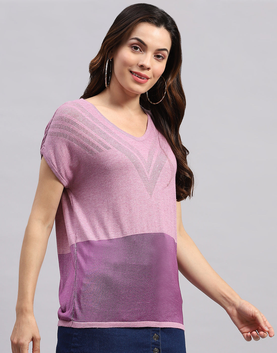 Women Purple Self Design Round Neck Half Sleeve Top