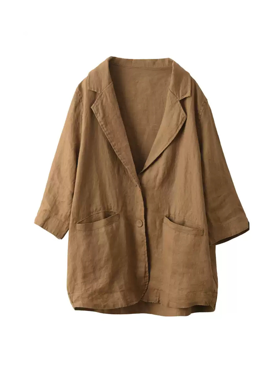 Plus Size Women Summer Artsy Pure Color 100%Linen Shirt Coat