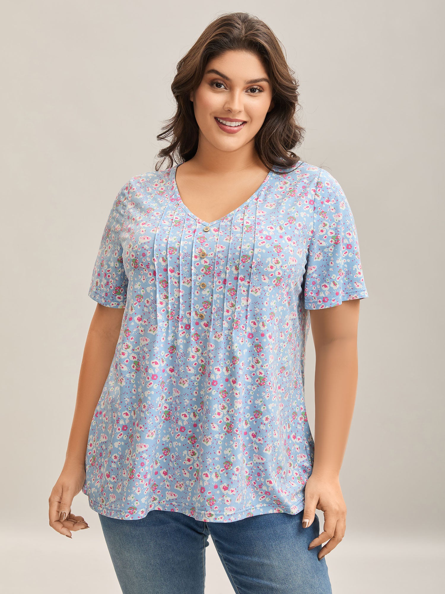 Floral Print Plicated Detail T-Shirt