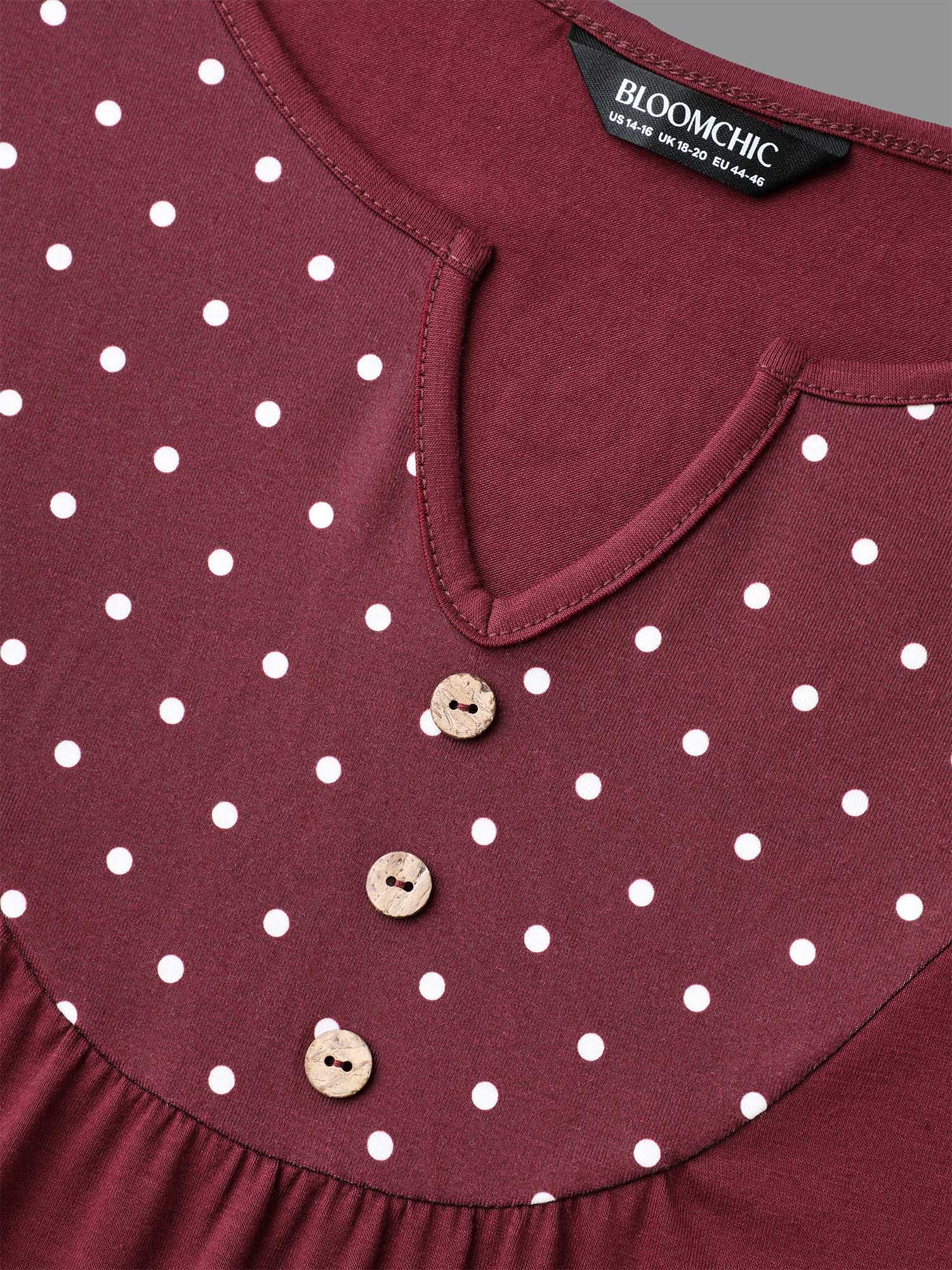 Notched Button Detail Polka Dot Patchwork T-shirt