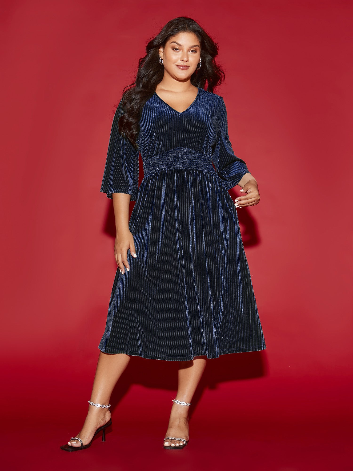 Velvet V-neck Ruched Skirt Midi Dress