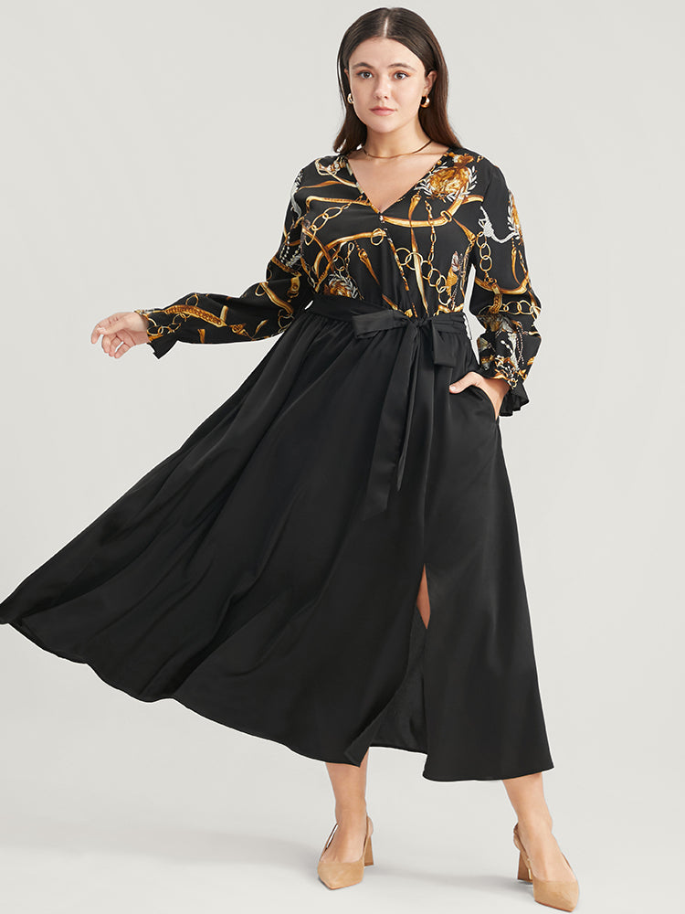 Chain Print V Neck Pocket Lantern Sleeve Belted Split Dress