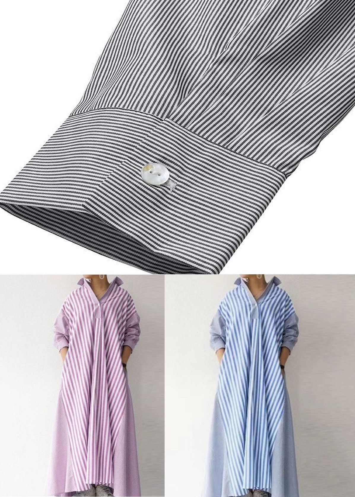 Modern Blue Peter Pan Collar Striped Cotton Dress Long Sleeve Spring
