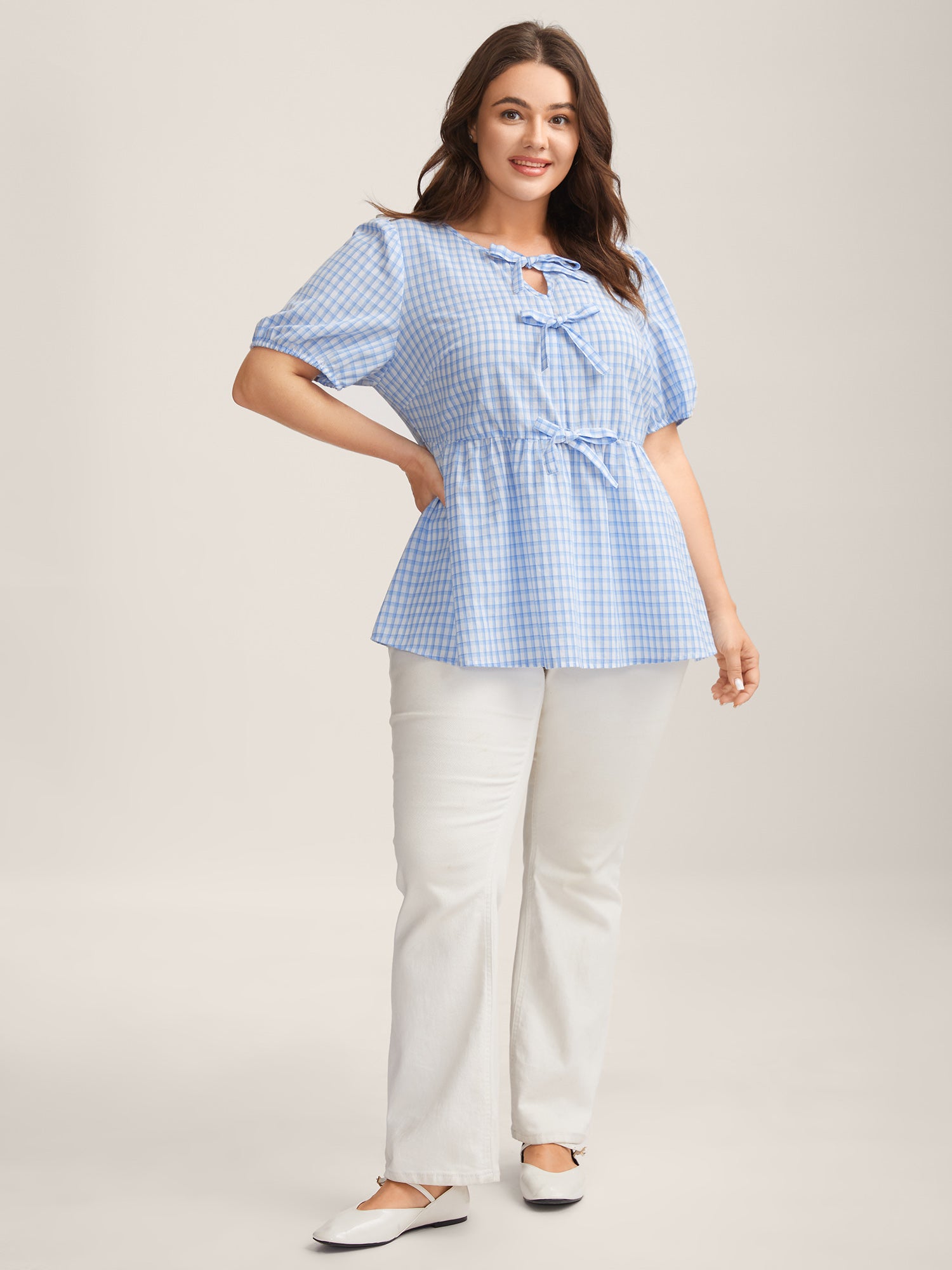 Bow Front Plaid Print Babydoll Top