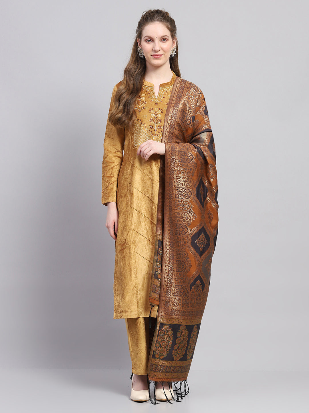 Women Mustard Embroidered Round Neck Full Sleeve Kurti Set with Stole