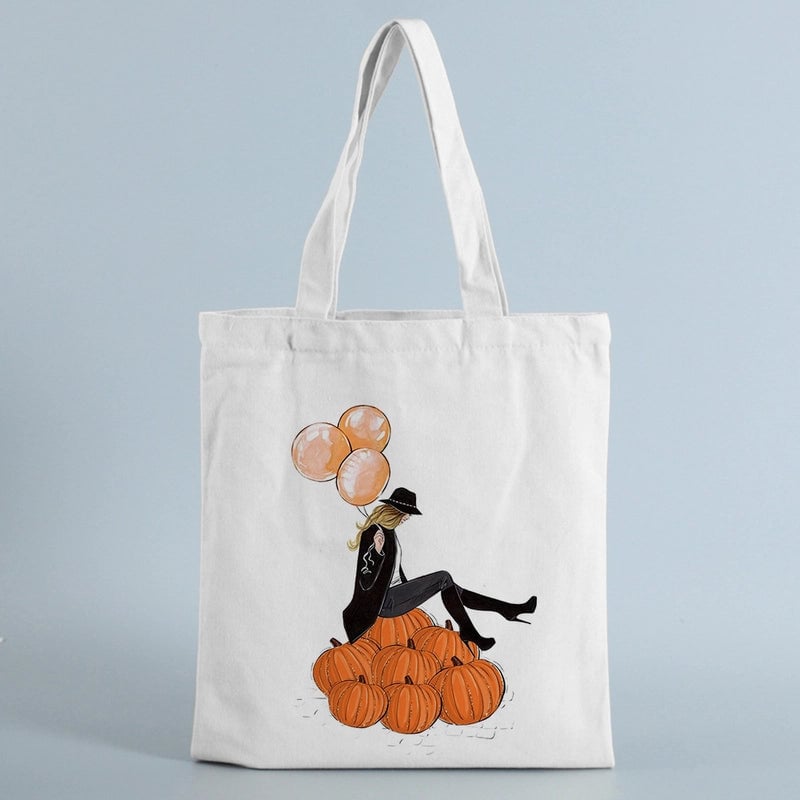 Halloween Women's Canvas Pumpkin Letter Cute Square Open Canvas Bag