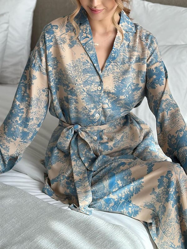 Long Sleeves Buttoned Printed Tied Waist Notched Collar Shirts Top + High Waisted Pants Bottom Two Pieces Set