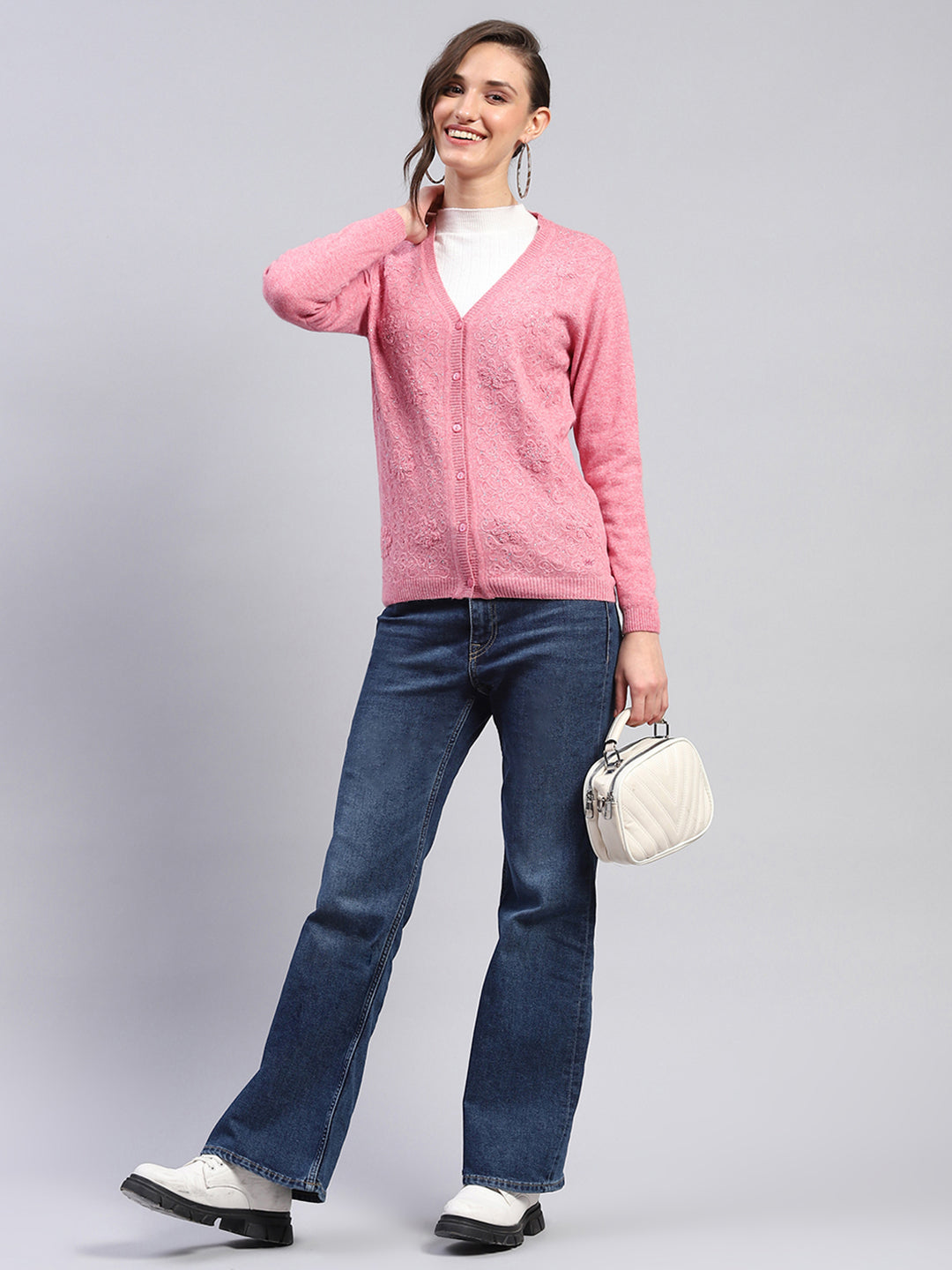 Women Pink Self Design V Neck Full Sleeve Cardigan