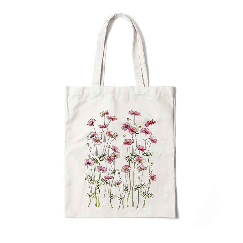 Women's Medium Canvas Flower Basic Classic Style Square Open Canvas Bag