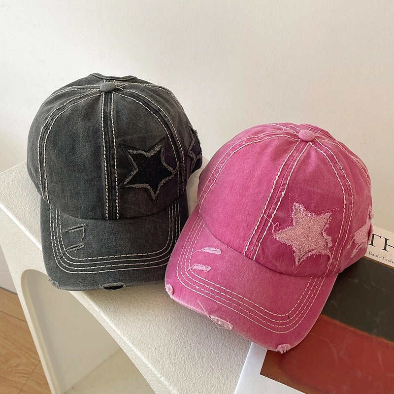 Vintage Ripped Baseball Cap Women's Spring And Summer Korean Style Big Head Face Showing Small Cap Pink Wide Brim Hat Trendy