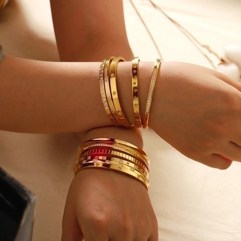 Minimalist Rectangle Stainless Steel Polishing Plating Inlay Zircon 18k Gold Plated Bangle
